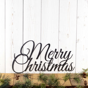 Merry Christmas script metal wall art, in silver vein powder coat.