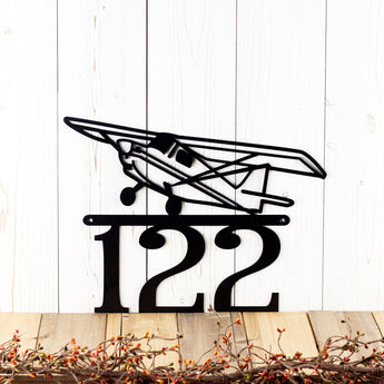 3 digit airplane metal house number sign, in matte black powder coat.