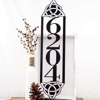 Metal 4 digit vertical house number sign with Celtic knots, in matte black powder coat.
