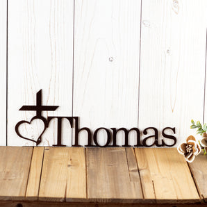 Memorial personalized metal name plaque with a cross and heart, in copper vein powder coat.