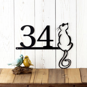 2 digit metal house number sign with cat silhouette, in matte black powder coat.