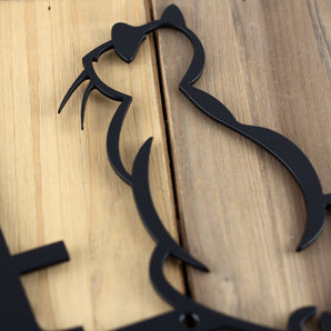 Close up of matte black powder coat on our 2 digit cat metal house number sign.