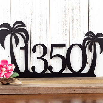 4 digit metal house number sign with palm trees, in matte black powder coat. 