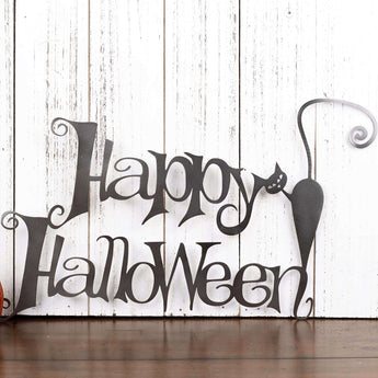 Happy Halloween metal sign with cat silhouette, in raw steel.