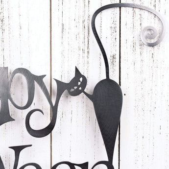 Happy Halloween metal wall art with cat silhouette, in raw steel.