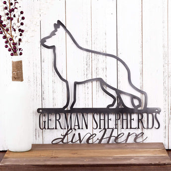 German Shepherds Live Here metal wall art, in raw steel.