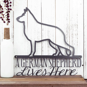 German Shepherds Live Here metal wall art, in silver vein powder coat.