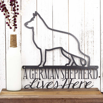 German Shepherds Live Here metal wall art, in silver vein powder coat.