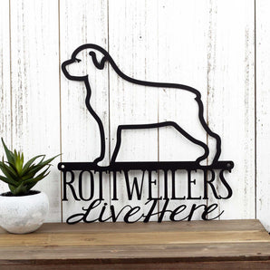 Rottweilers Live Here metal sign, in matte black powder coat.