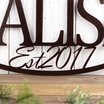 Close up of established year on our metal family name sign, in copper vein powder coat. 