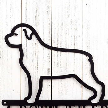 Close up of Rottweiler dog silhouette, with Beware, on our metal sign, in matte black powder coat. 