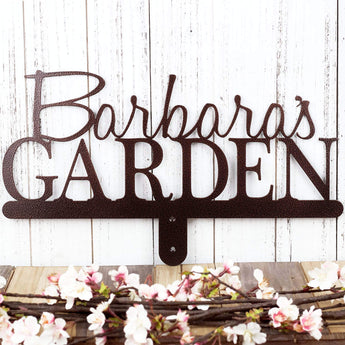 Personalized garden sign with first name, in copper vein powder coat. 