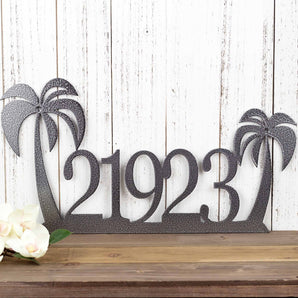 5 digit metal house number sign with palm trees, in silver vein powder coat. 
