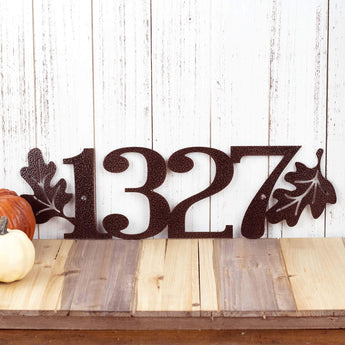 4 digit metal house number sign with oak leaves, in copper vein powder coat. 