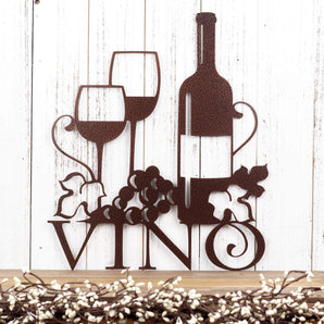 Vino metal sign with wine glasses, bottle, and grapes, in copper vein powder coat. 