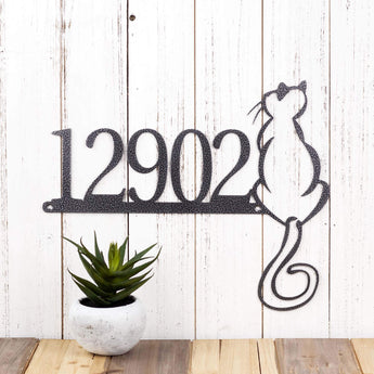 5 digit metal house number sign with cat silhouette, in silver vein powder coat.