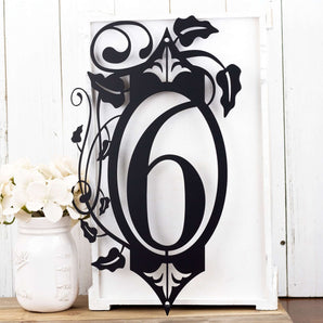 1 digit vertical metal house number sign with vines and fleur de lis, in matte black powder coat. 