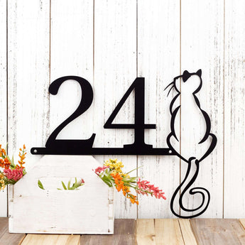 2 digit metal house number sign with cat silhouette, in matte black powder coat.