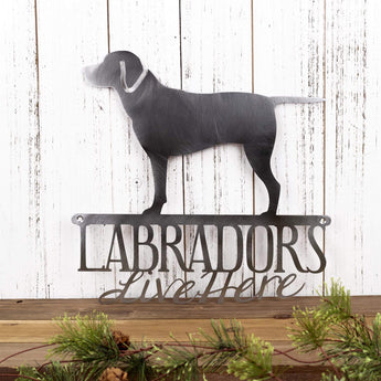 Labradors Live Here metal sign, in raw steel. 