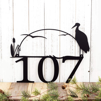3 digit metal house number sign with heron and cattails, in matte black powder coat. 