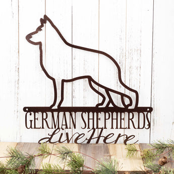 German Shepherds Live Here metal wall art, in copper vein powder coat.