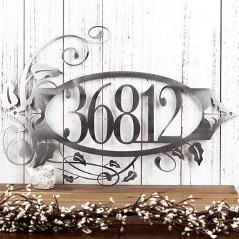 Personalized 5 digit oval metal house number sign with fleur de lis and vines, in raw steel. 