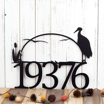 5 digit metal house number sign with heron and cattails, in matte black powder coat. 