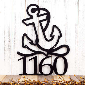 4 digit metal house number sign with a nautical boat anchor, in matte black powder coat. 