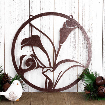 Calla Lily garden metal sign, in copper vein powder coat.