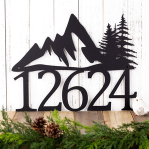 5 digit metal house number sign with mountains and pine trees, in matte black powder coat.