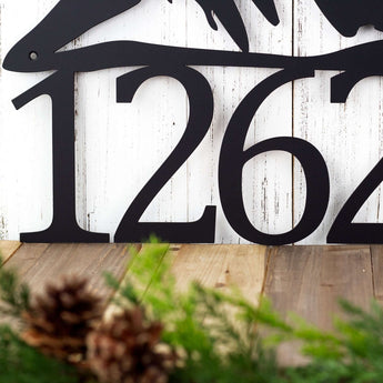 Close up of 5 digit house number on our metal address sign, in matte black powder coat.