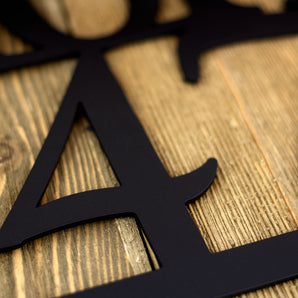 Close up of matte black powder coat on our family name and house number sign.