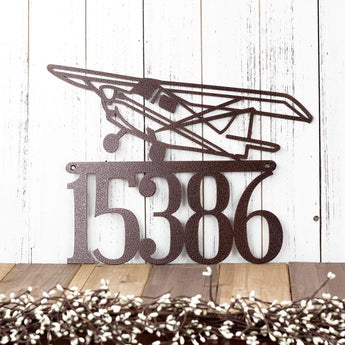 5 digit metal house number sign with airplane, in copper vein powder coat. 