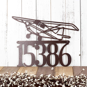 5 digit metal house number sign with airplane, in copper vein powder coat. 
