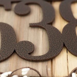 Close up of copper vein powder coat on our airplane house number sign.