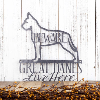 Great Danes Live Here metal wall art, in silver vein powder coat.