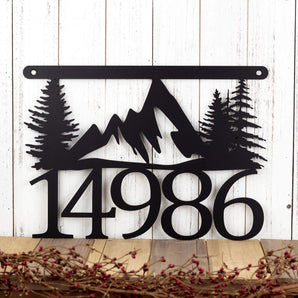 Hanging 5 digit metal house number sign with mountains and pine trees, in matte black powder coat. 