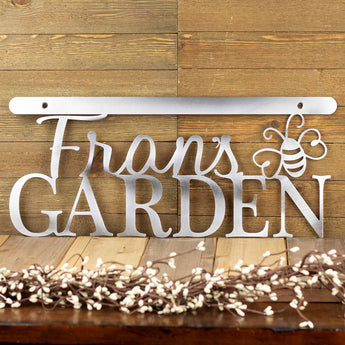 Custom metal garden hanging sign with first name and bumble bee, in raw steel. 