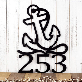 Metal house number sign with a nautical boat anchor, in matte black powder coat. 