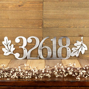 5 digit metal house number sign with oak leaves, in raw steel. 