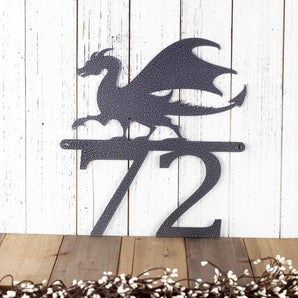 2 digit metal house number sign with a dragon silhouette, in silver vein powder coat.