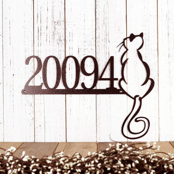 5 digit metal house number plaque with cat silhouette, in copper vein powder coat.