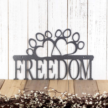 Personalized dog name metal plaque with paw prints, in silver vein powder coat. 