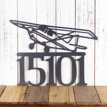 5 digit metal house number sign with airplane, in silver vein powder coat. 