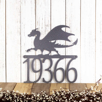 5 digit metal house number sign with a dragon silhouette, in silver vein powder coat.