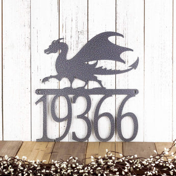 5 digit metal house number sign with a dragon silhouette, in silver vein powder coat.