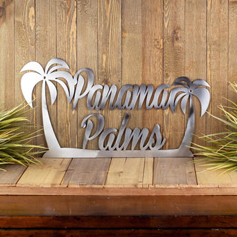 Personalized metal name sign with palm trees, in raw steel.