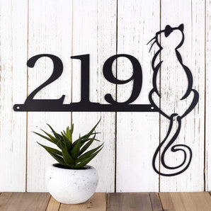 3 digit metal house number plaque with cat silhouette, in matte black powder coat. 