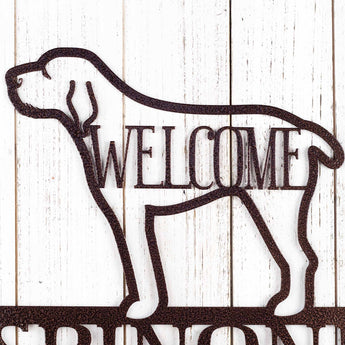 Close up of Spinoni dog silhouette and welcome word, on our Spinoni Live Here metal sign, in copper vein.