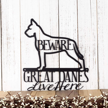Great Danes Live Here metal wall decor, with Beware, in matte black powder coat. 